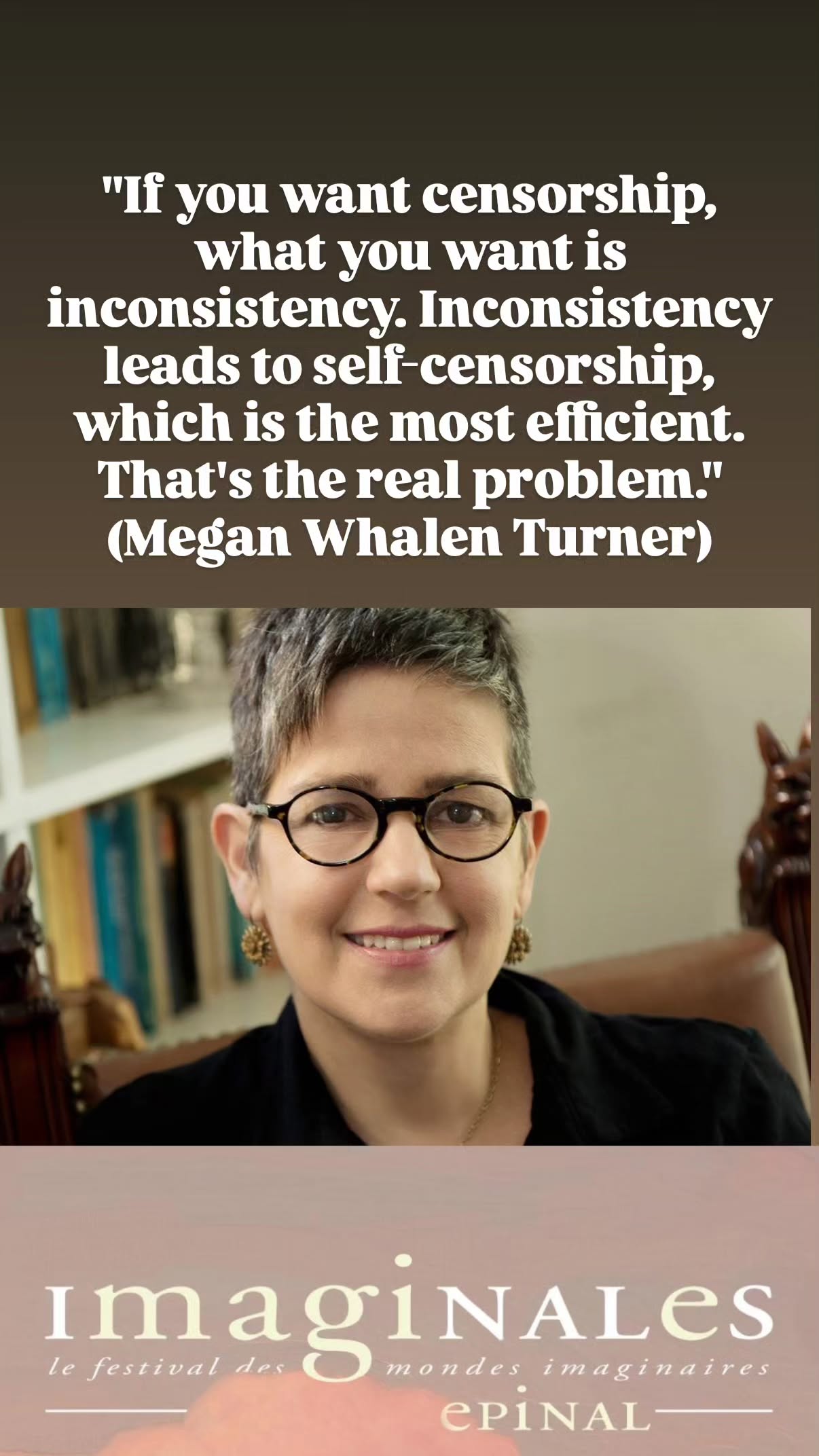 Post instagram montrant une photographie de Megan Whalen Turner et une citation issue d'une discussion avec l'autrice