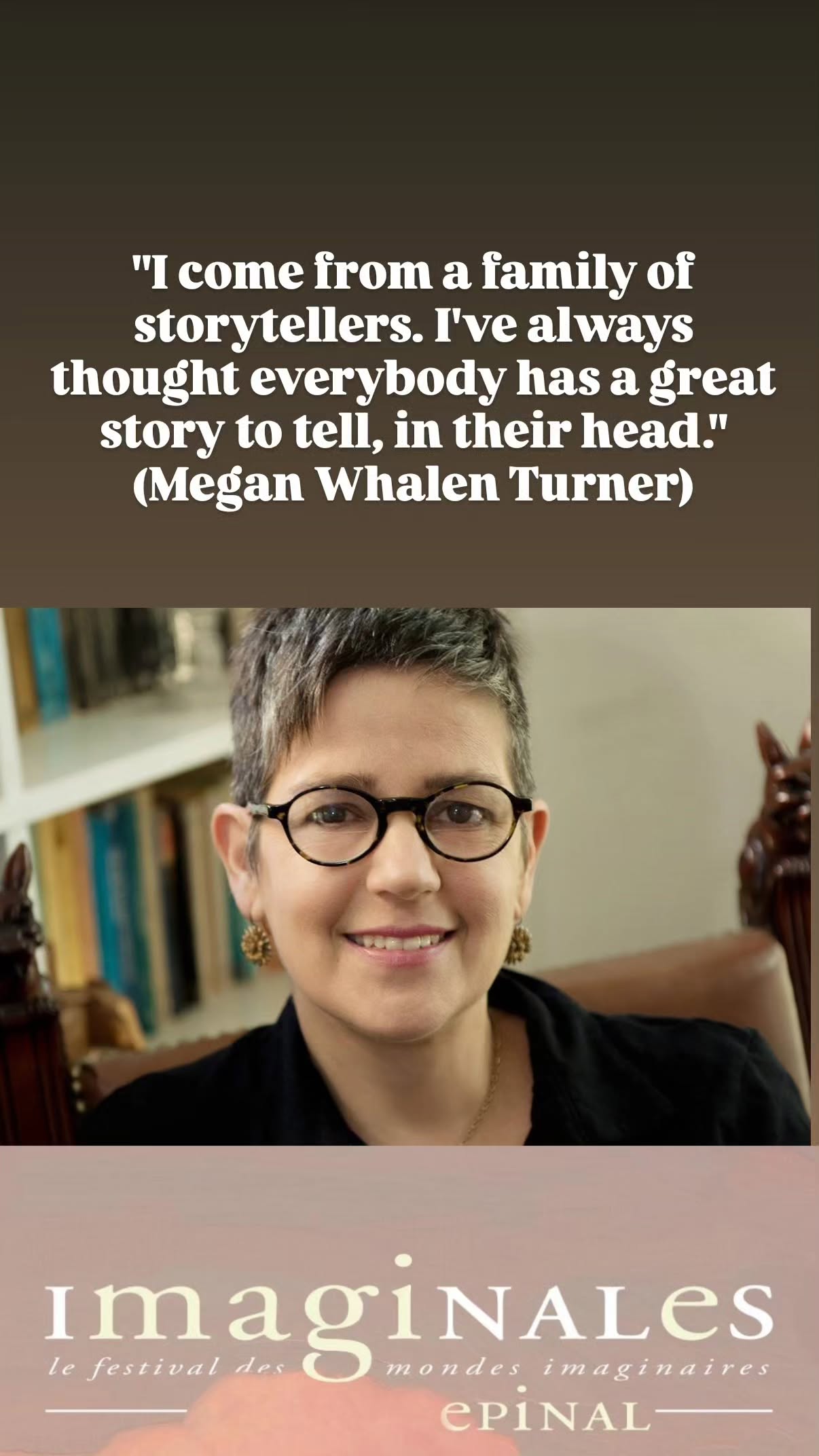 Post instagram montrant une photographie de Megan Whalen Turner et une citation issue d'une discussion avec l'autrice