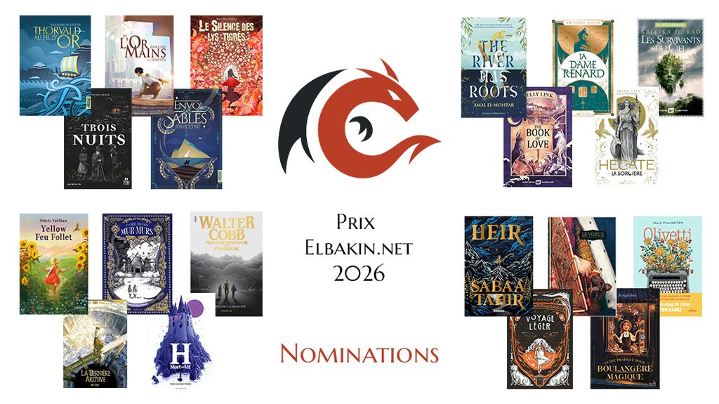 Illustration montrant les différentes couvertures des nommés pour le prix Elbakin.net 2026